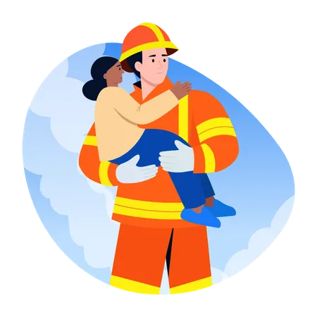 Fireman Rescuing  kid  Illustration
