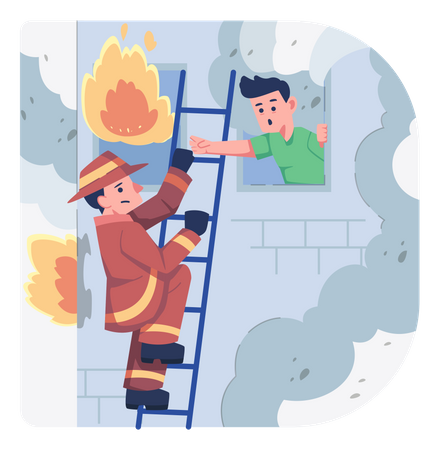 Fireman rescuing man trapped in building with fire  Illustration