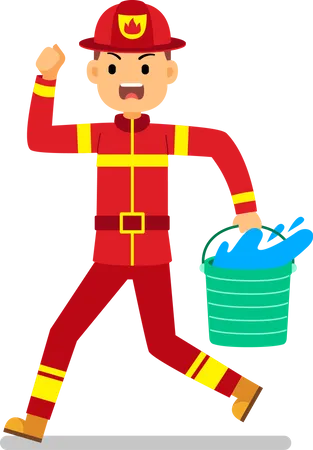 Fireman running with water bucket  Illustration