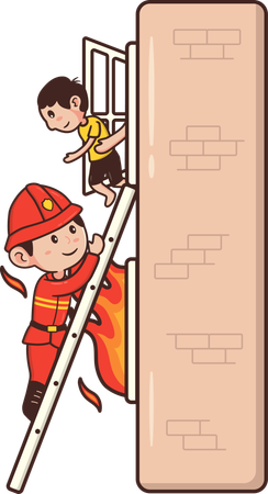 Fireman saving child climbing on ladder  Illustration