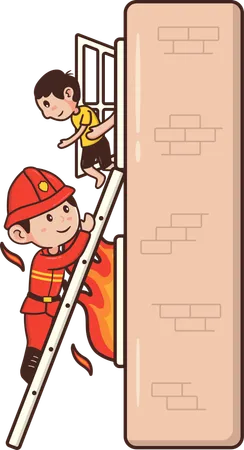 Fireman saving child climbing on ladder  Illustration