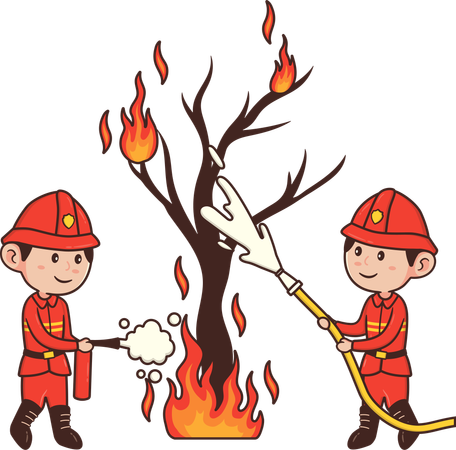 Fireman saving trees from damage of fire  Illustration