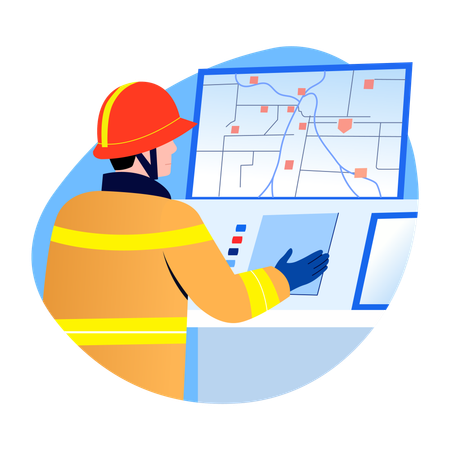 Fireman showing mapping diagram for entering fire house  Illustration