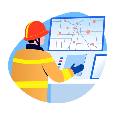 Fireman showing mapping diagram for entering fire house  Illustration