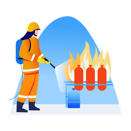 Fireman spraying oxygen on fire  Illustration