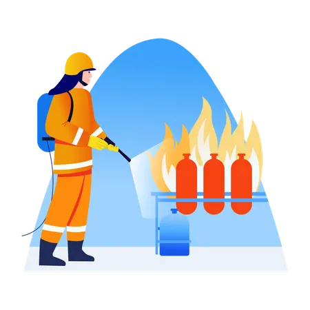 Fireman spraying oxygen on fire  Illustration