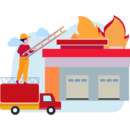 Fireman stands on a truck with a ladder  イラスト