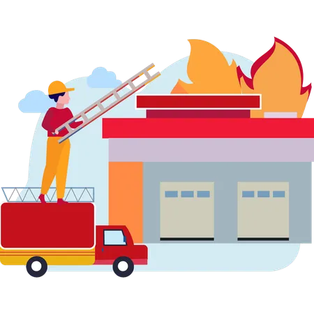 Fireman stands on a truck with a ladder  イラスト