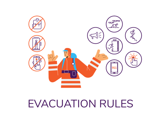 Fireman talking about evacuation rules  Illustration