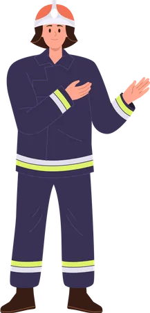 Fireman wearing overalls pointing aside  Illustration