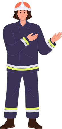 Fireman wearing overalls pointing aside  Illustration