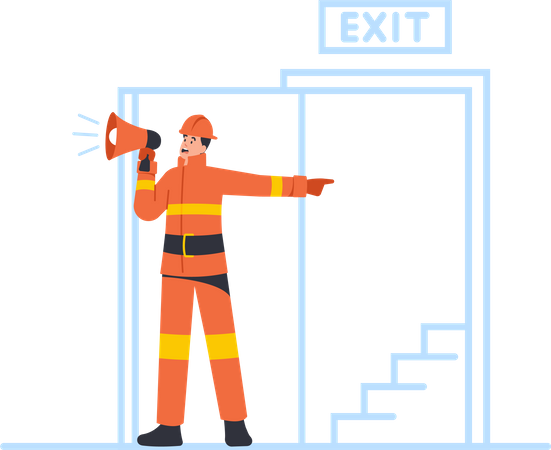 Fireman with Loudspeaker Announce Fire Evacuation Illustration
