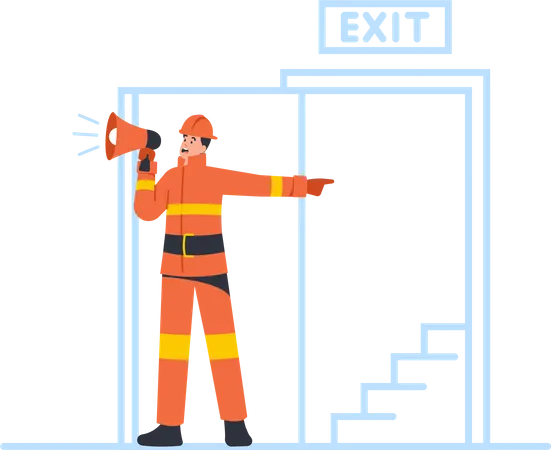 Fireman with Loudspeaker Announce Fire Evacuation  Illustration