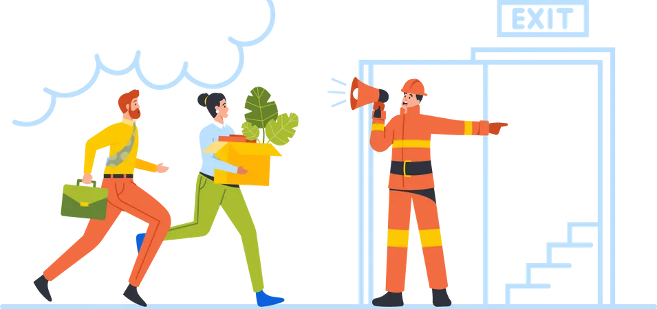 Fireman with Megaphone Announcing Fire Emergency Evacuation  Illustration