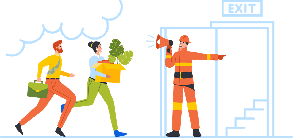 Fireman with Megaphone Announcing Fire Emergency Evacuation  Illustration