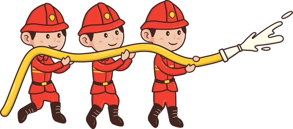 Firemen holding water hose pipe to spray on burning house  Illustration