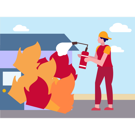 Firemen put out fires with fire extinguishers  イラスト