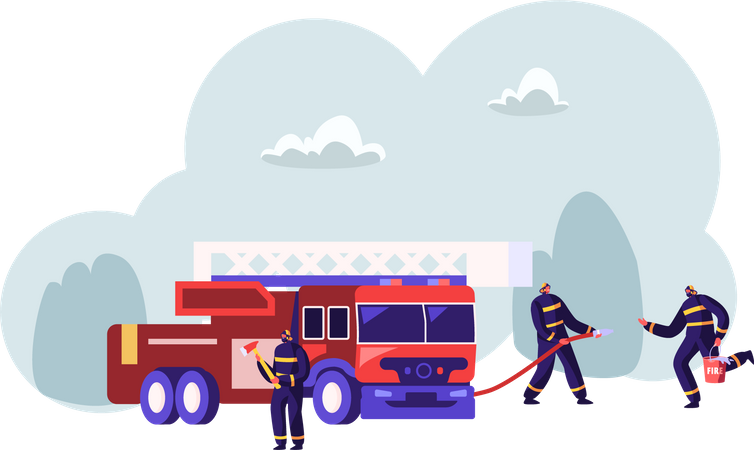 Firemen Team near Fire Fighter Truck  Illustration