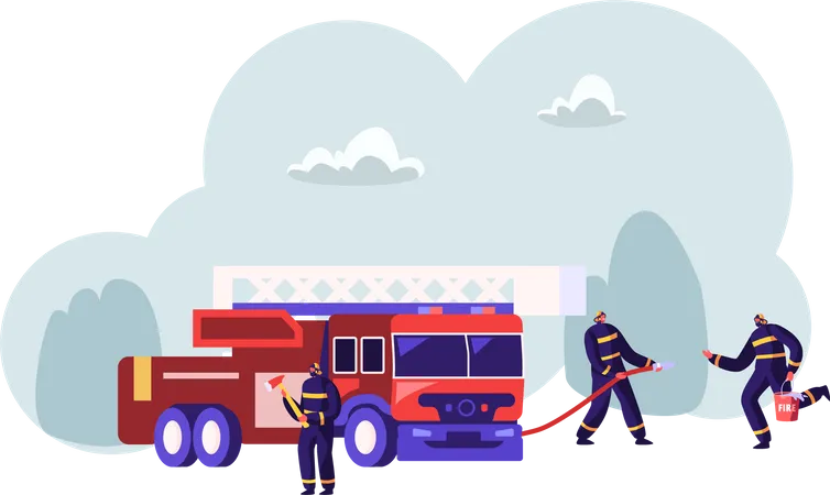 Firemen Team near Fire Fighter Truck  Illustration