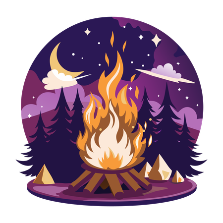 Firewood under starry night sky with crescent moon  Illustration