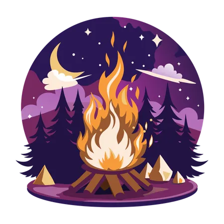 Firewood under starry night sky with crescent moon  Illustration