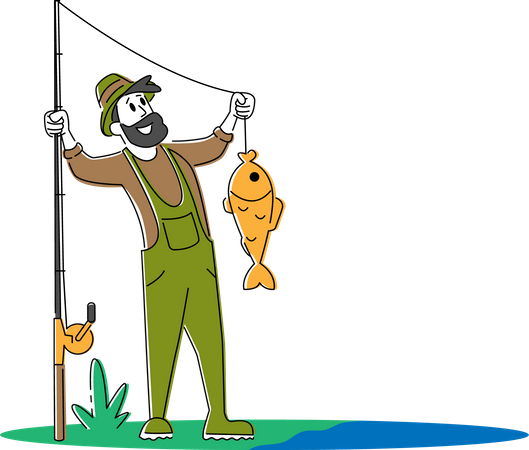Fischer hält Fisch, den er aus dem Teich geholt hat  Illustration
