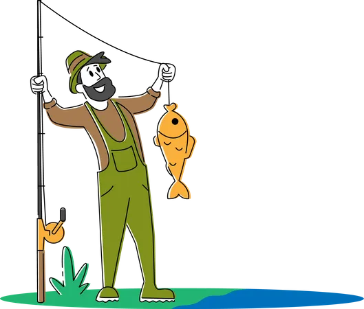 Fischer hält Fisch, den er aus dem Teich geholt hat  Illustration