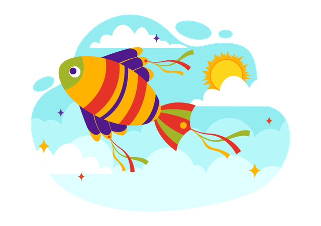 Fish kite flying in sky  Illustration