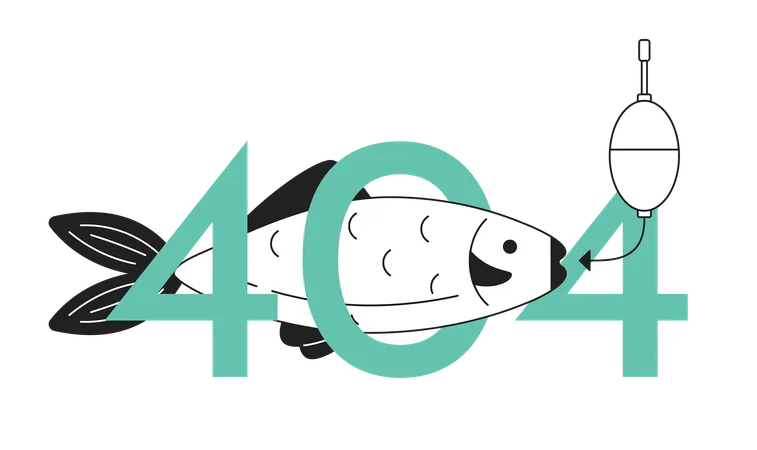 Fish On Bait Black White Error 404 Flash Message Fishing Hobby Activity Monochrome Empty State Ui Design Page Not Found Popup Cartoon Image Vector Flat Outline Illustration Concept Illustration