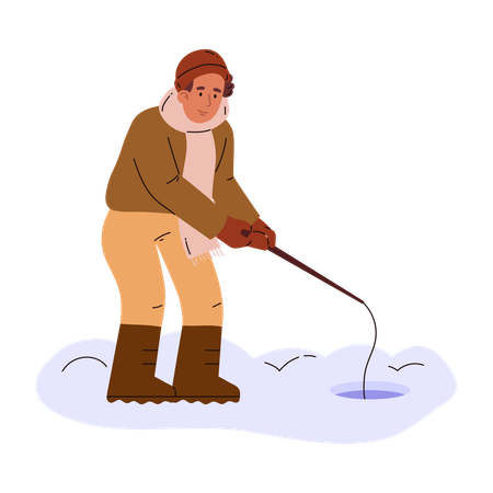 Fisherman casting fishing rod into ice hole on snowy terrain  Illustration