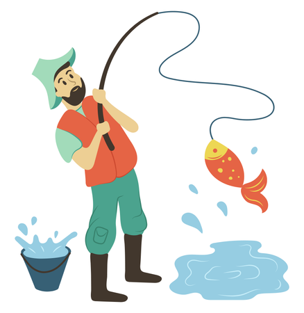 Fisherman catches fish from pond  Illustration