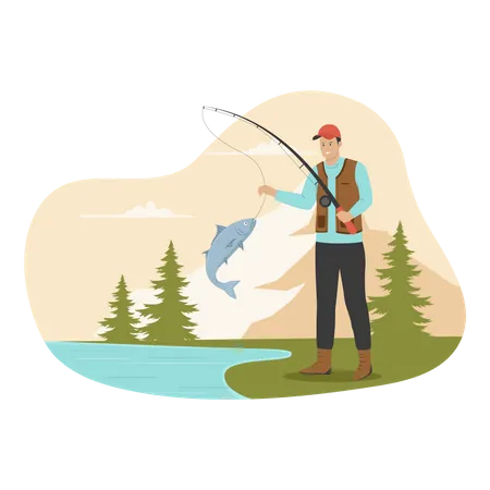 Fisherman On Fishing Illustration Concept Illustration For Websites Landing Pages Mobile Apps Posters And Banners Trendy Flat Vector Illustration Illustration