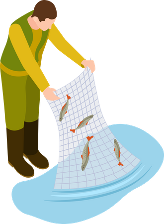 Fisherman catching fish using net  Illustration