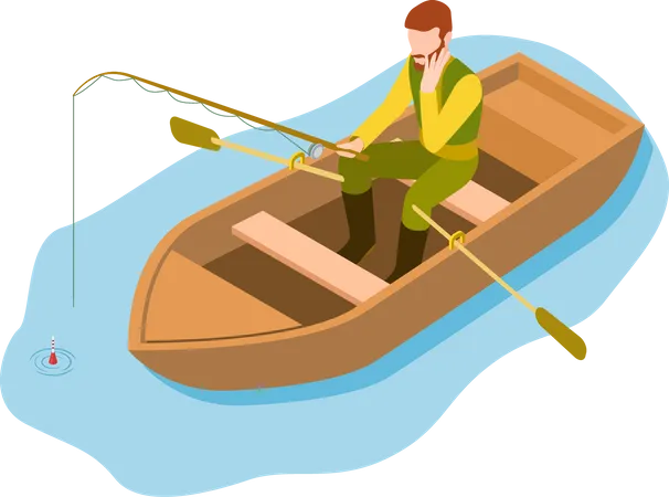 Fisherman catching fish while sitting in boat Illustration