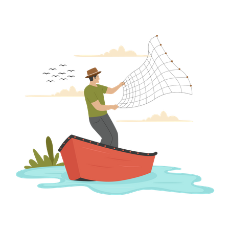 Fisherman fishing at lake Illustration