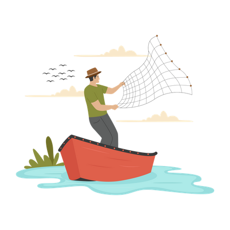 Fisherman fishing at lake  Illustration