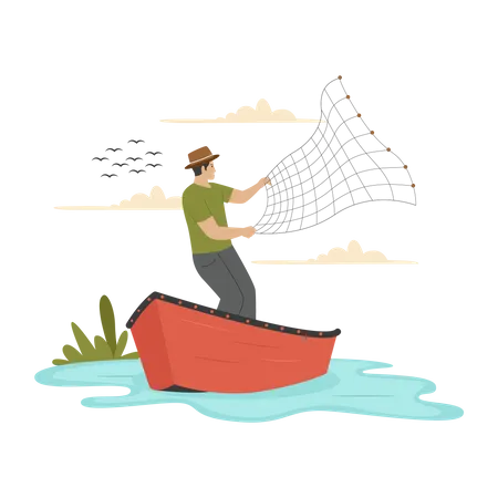 Fisherman fishing at lake  Illustration