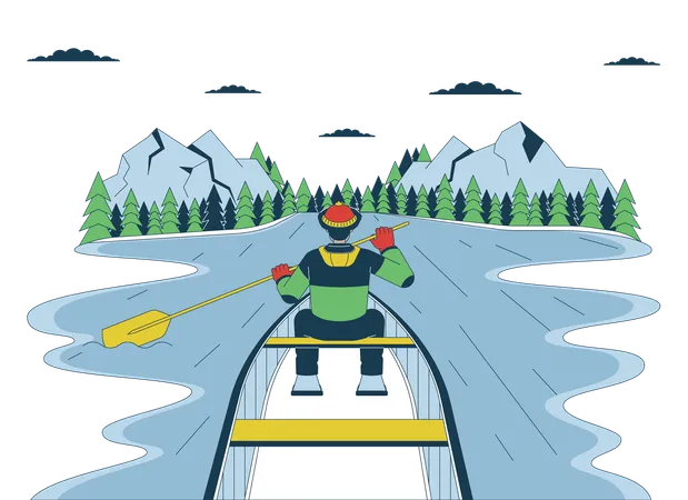 Winter Boating Season Line Cartoon Flat Illustration Kayaking Snow Latino Fisherman Fishing Boat 2 D Lineart Character Isolated On White Background Watersports Activity Scene Vector Color Image Illustration