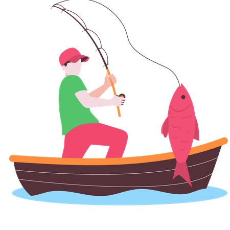 Fisherman fishing fish in boat at sea  Illustration