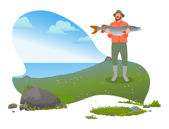 Fisherman holding big fish  Illustration