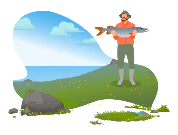 Fisherman holding big fish  Illustration