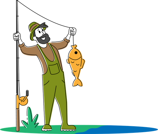 Fisherman holding fish he cached from pond  Illustration