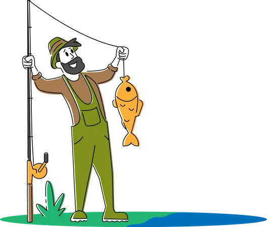 Fisherman holding fish he cached from pond  Illustration