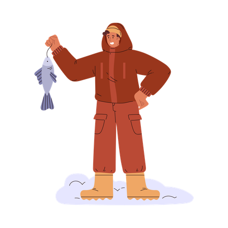 Fisherman holding fish while standing on snowy ice  Illustration