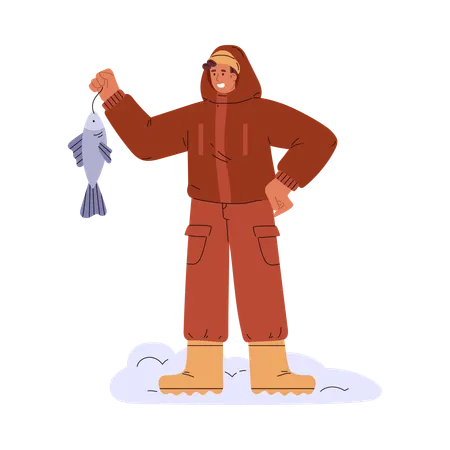 Fisherman holding fish while standing on snowy ice  Illustration