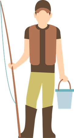 Fisherman holding fishing rob and bucket Illustration