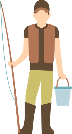 Fisherman holding fishing rob and bucket Illustration