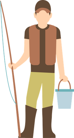 Fisherman holding fishing rob and bucket  Illustration