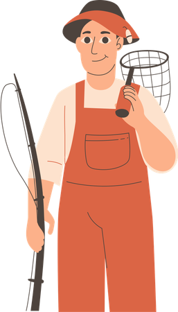 Fisherman holing fishing rob and net  Illustration