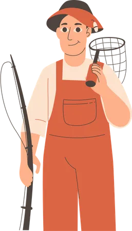 Fisherman holing fishing rob and net  Illustration